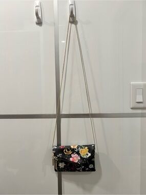 Black Floral Envelope Crossbody with Gold Chain Strap